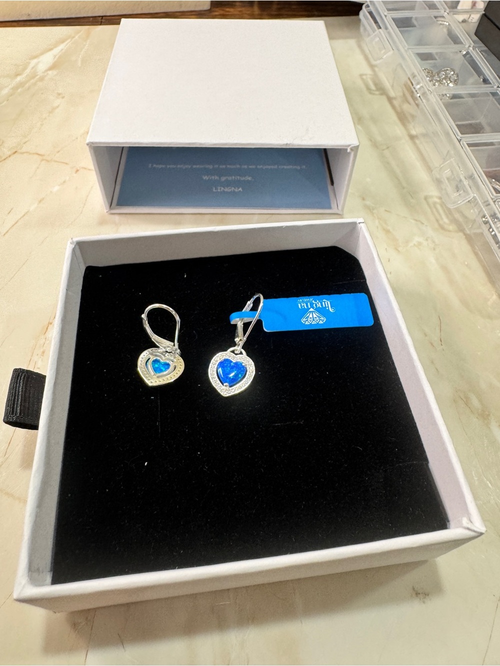 Blue Opal 925 Sterling Silver Heart Drop Earrings with Blue Opal Inlay - Picture 11 of 12